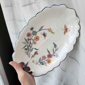 Andrea By Sadek Jardin Butterfly Floral Leaf Shaped Oval Dish/Trinket 6.5” X 10”